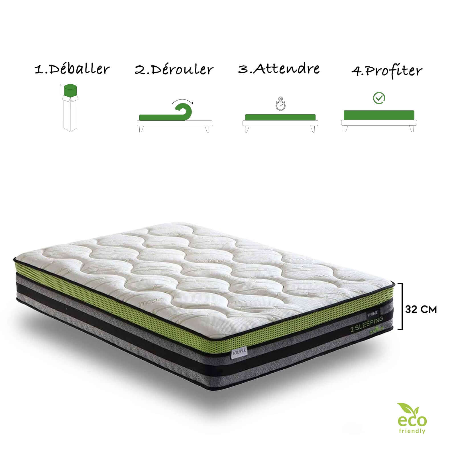 Matelas bi-confort souple/ferme, mémoire de forme, ressorts