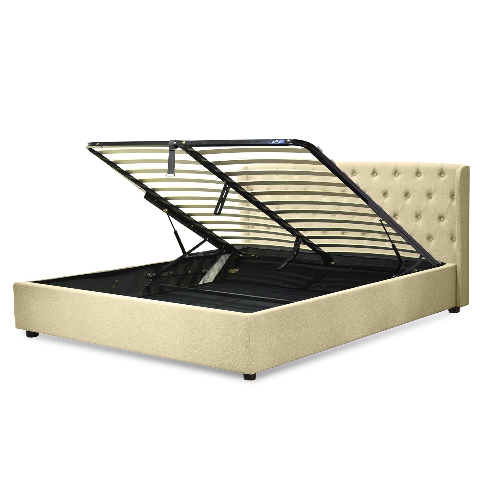 Lit coffre sommier relevable Monceau capitonné chic : tissu et sommier à lattes en bois flexibles