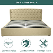 Lit coffre sommier relevable Monceau capitonné chic : tissu et sommier à lattes en bois flexibles