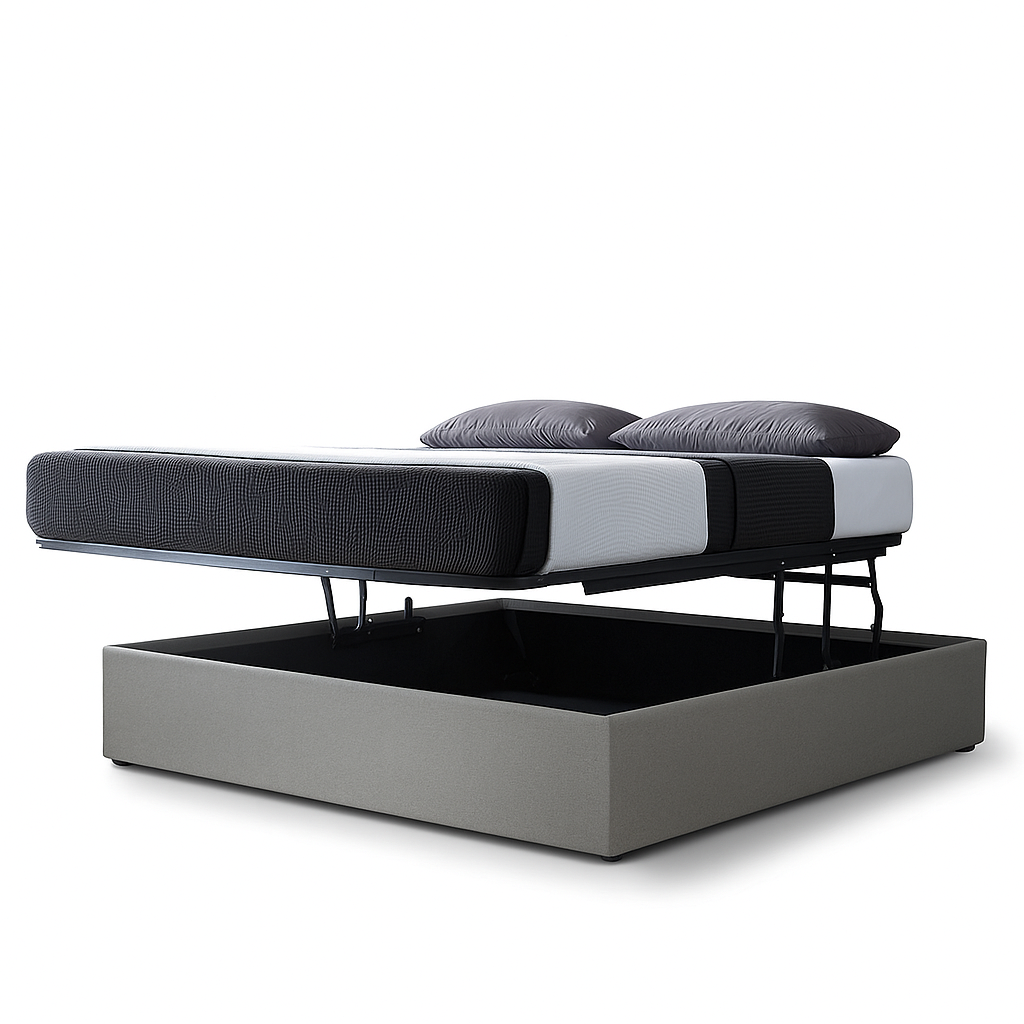Lit coffre ouverture latérale et frontale tissu gris