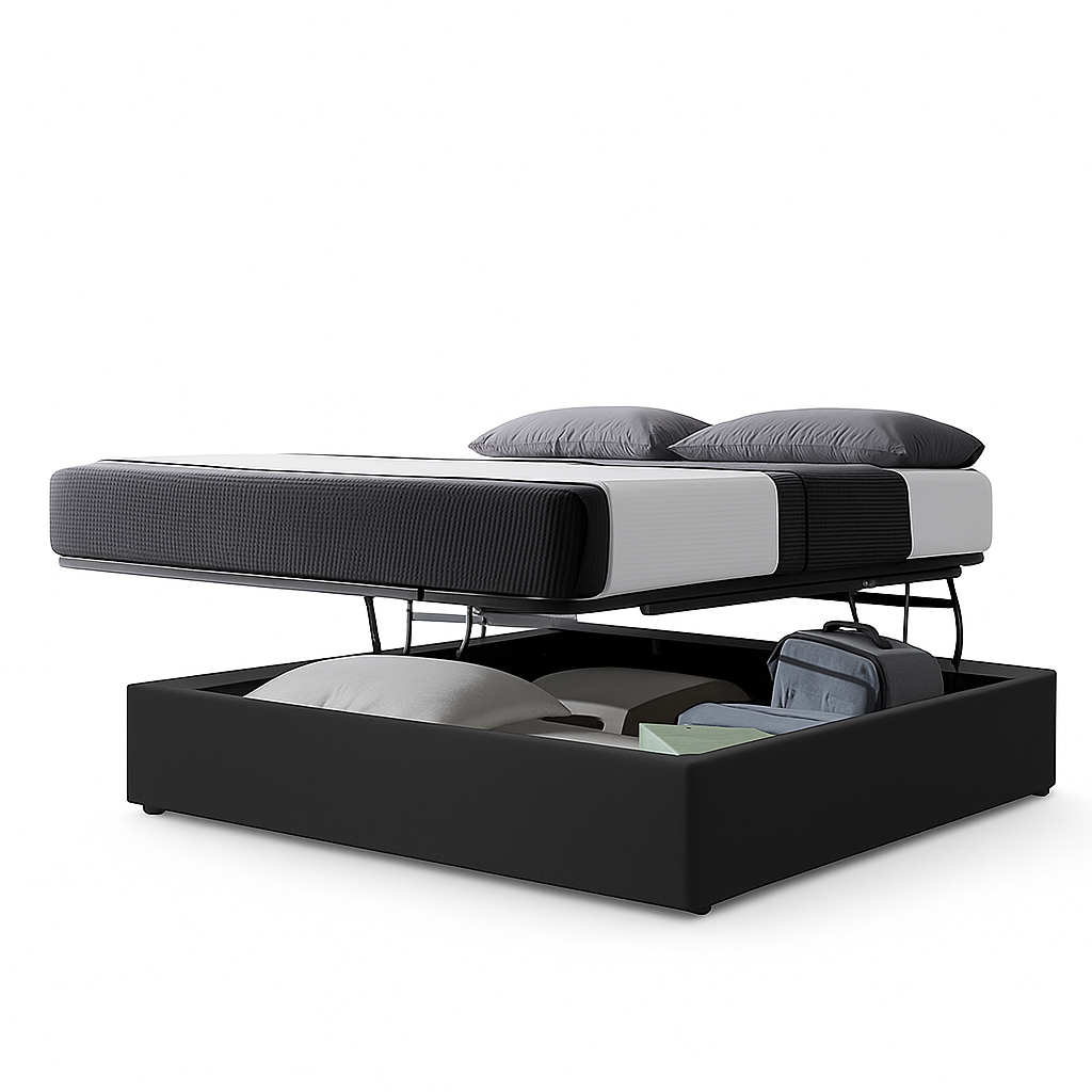 Lit coffre ouverture latérale et frontale tissu gris