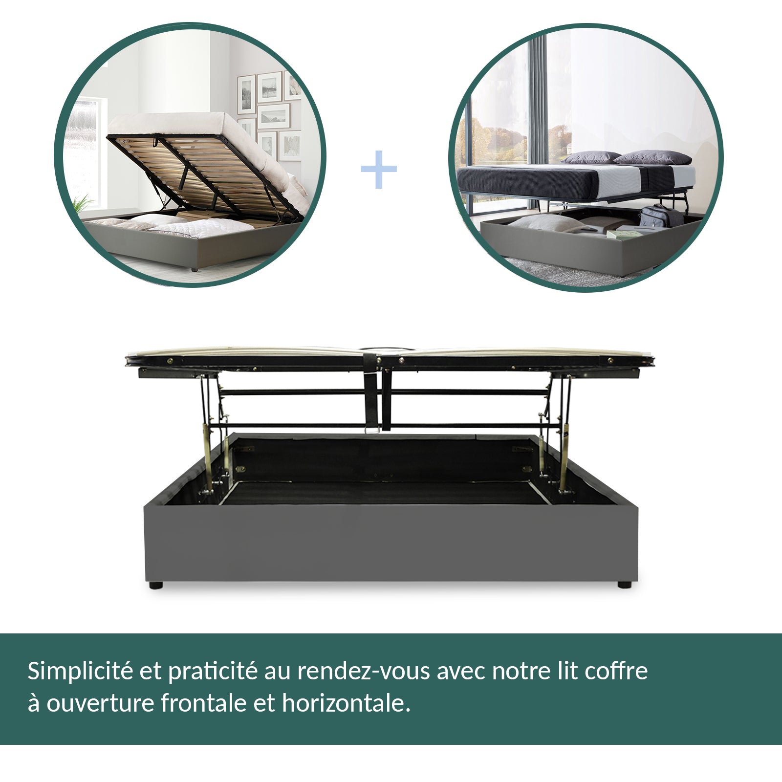 Lit coffre ouverture latérale et frontale simili cuir gris