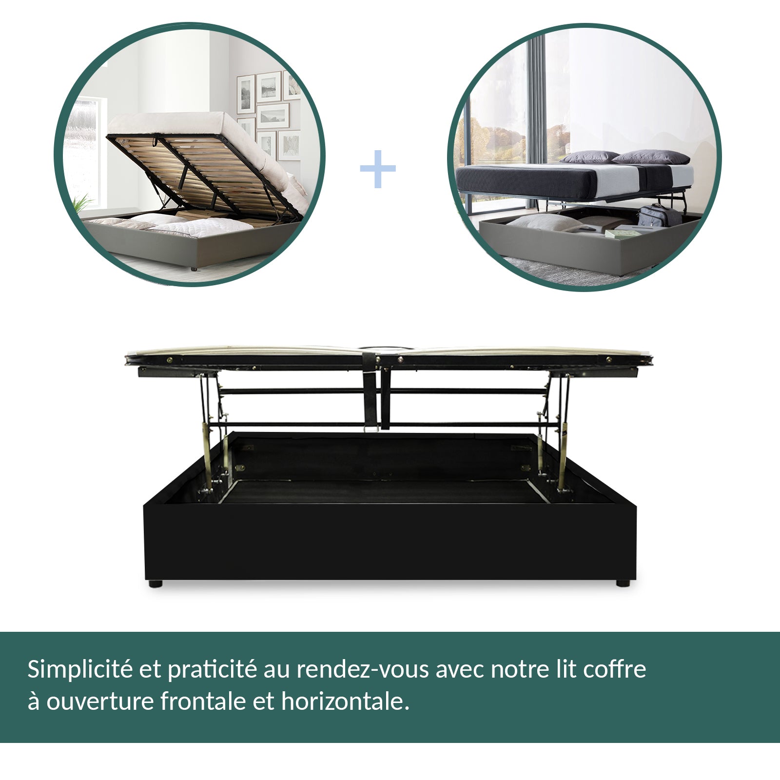 Lit coffre ouverture latérale et frontale simili cuir noir