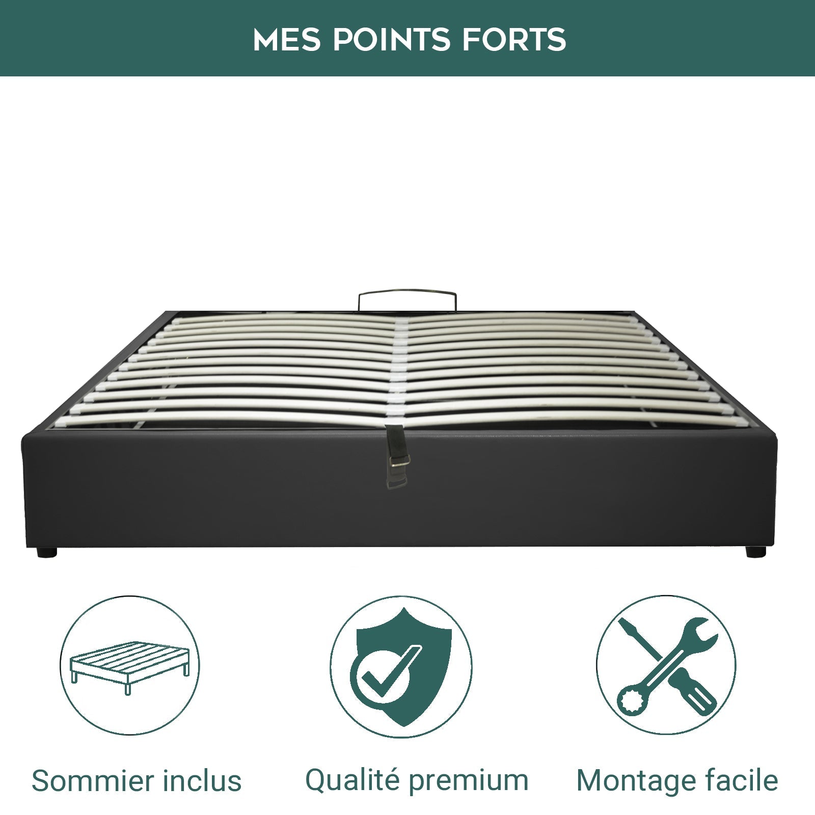 Lit coffre ouverture latérale et frontale simili cuir noir