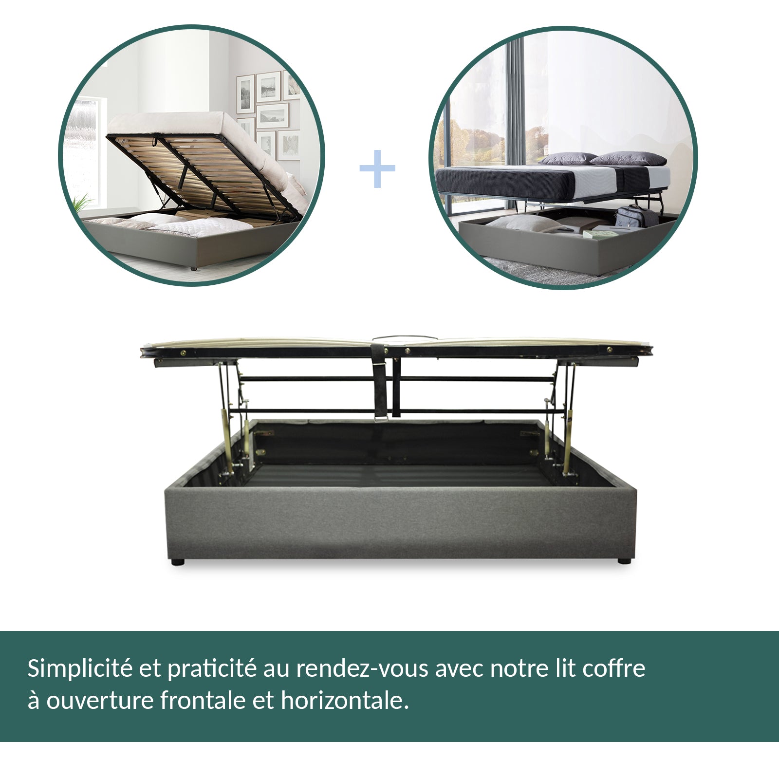 Lit coffre ouverture latérale et frontale tissu gris