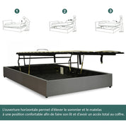 Lit coffre ouverture latérale et frontale tissu gris