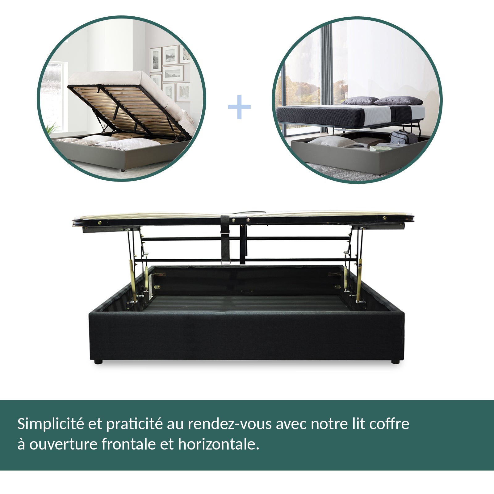 Lit coffre ouverture latérale et frontale tissu gris