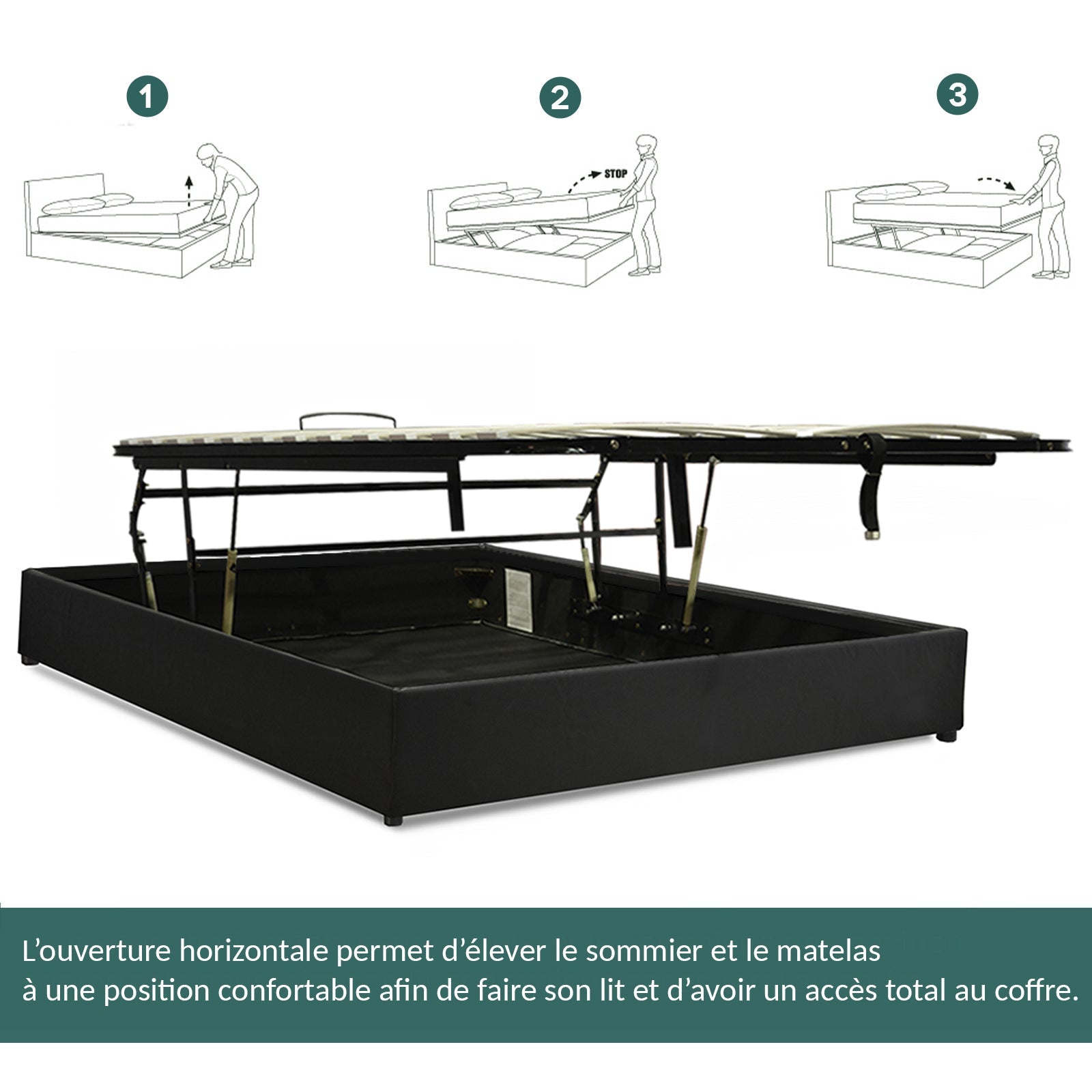 Lit coffre ouverture latérale et frontale tissu gris