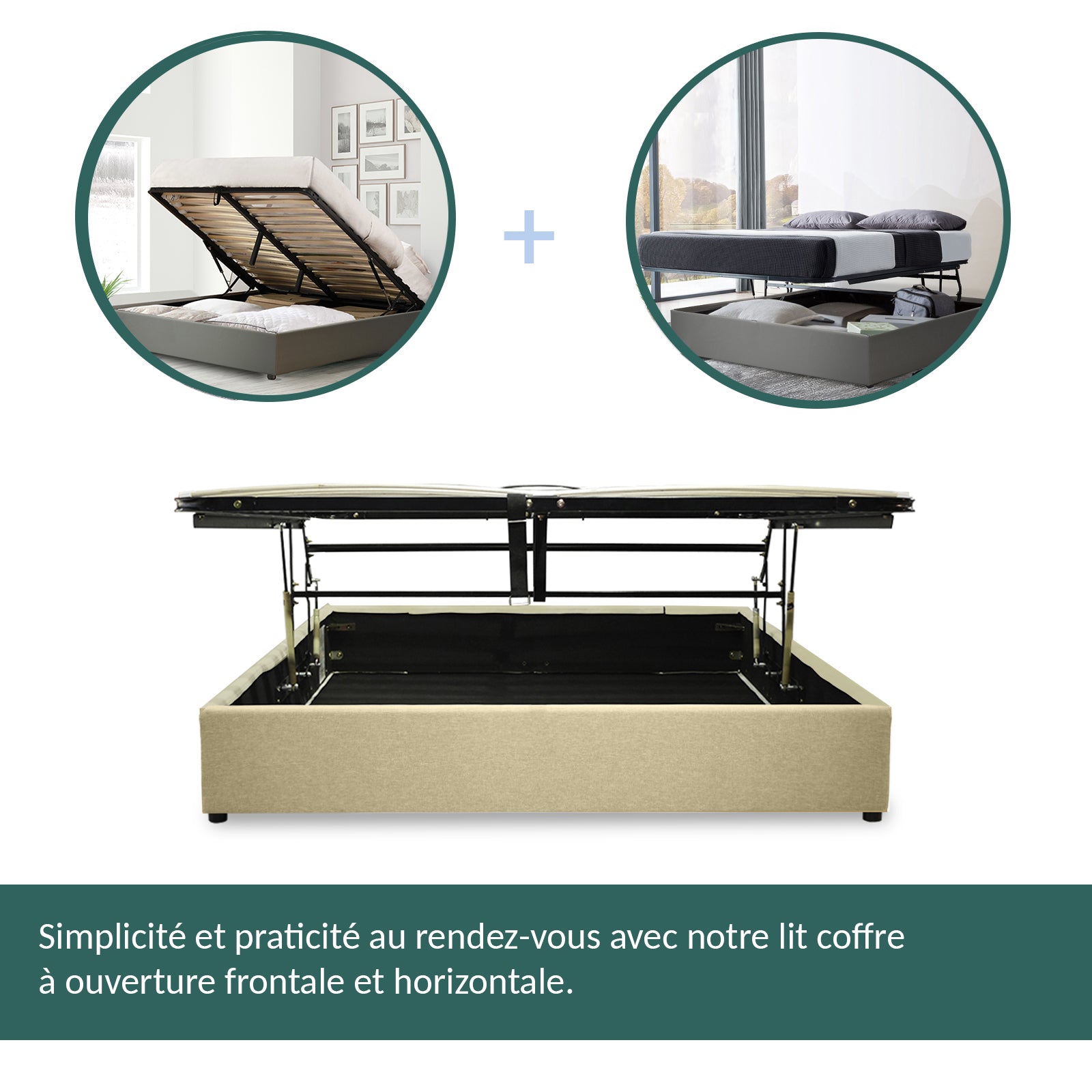 Lit coffre ouverture latérale et frontale tissu sable