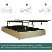 Lit coffre ouverture latérale et frontale tissu sable