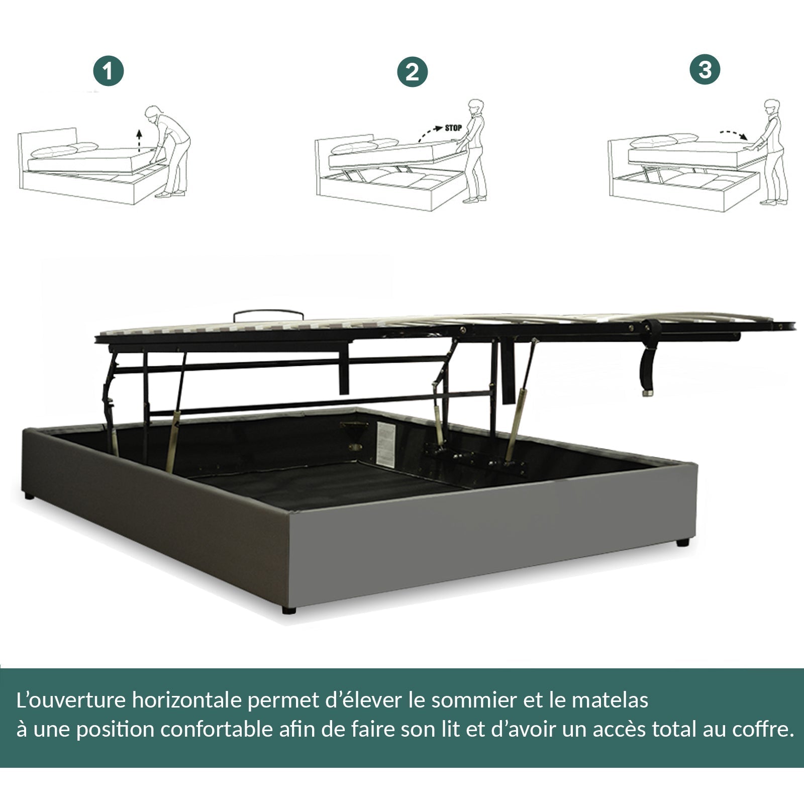 Lit coffre ouverture latérale et frontale simili cuir gris