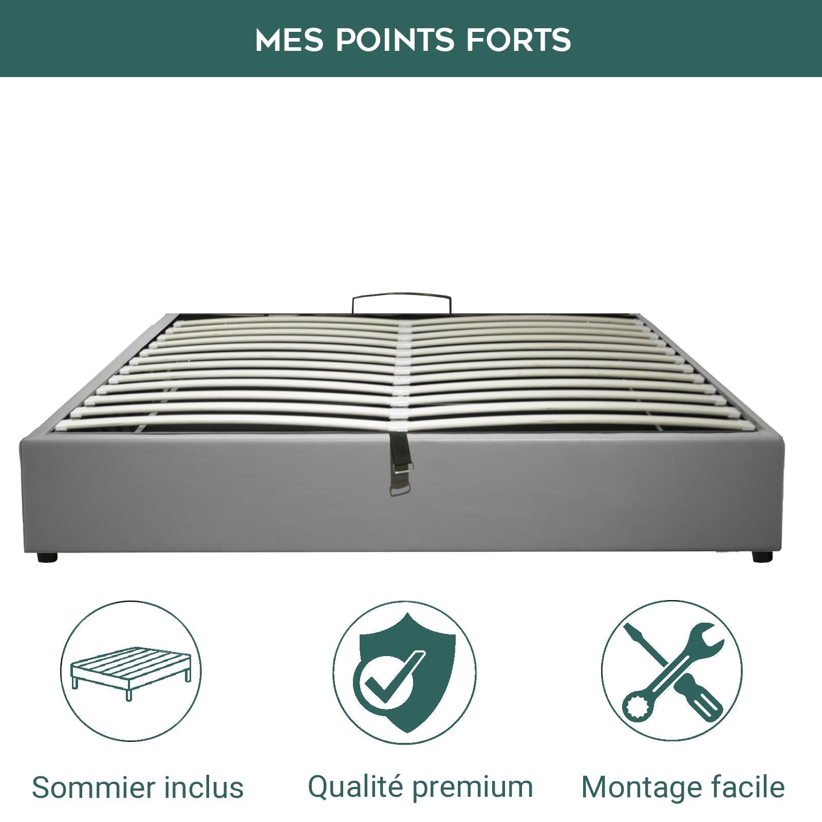 Lit coffre électrique simili cuir gris, télécommande, sommier flexible