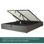 Lit coffre électrique simili cuir gris, télécommande, sommier flexible