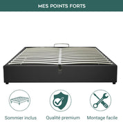 Lit coffre électrique simili cuir noir, télécommande, sommier flexible