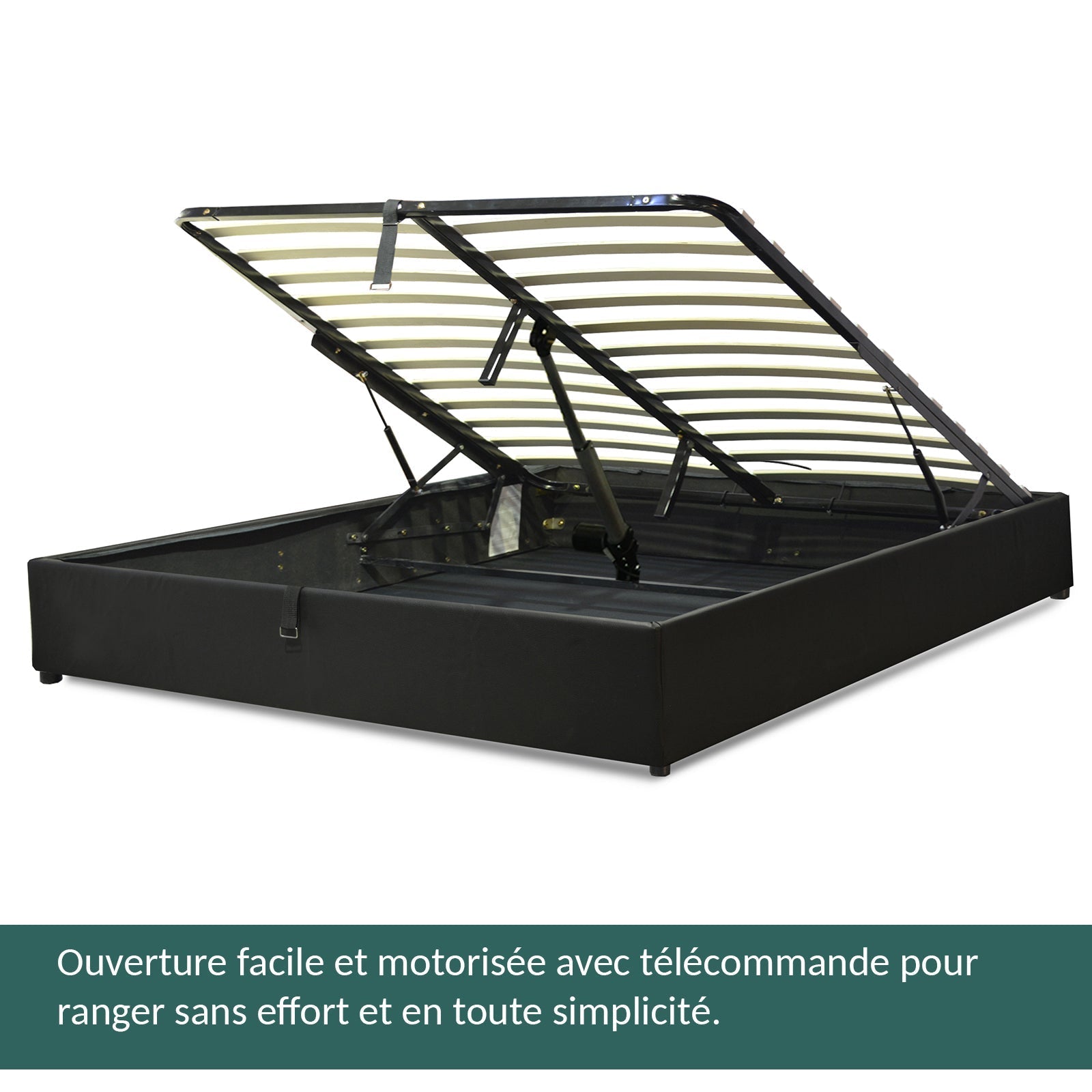 Lit coffre électrique simili cuir noir, télécommande, sommier flexible
