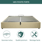 Lit coffre électrique tissu sable, télécommande, sommier flexible