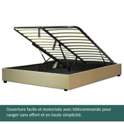 Lit coffre électrique tissu sable, télécommande, sommier flexible
