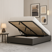 Lit coffre électrique simili cuir gris, télécommande, sommier flexible