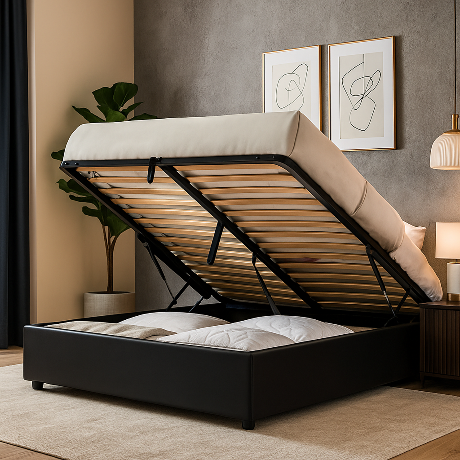 Lit coffre électrique simili cuir noir, télécommande, sommier flexible