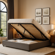 Lit coffre électrique tissu gris, télécommande, sommier flexible