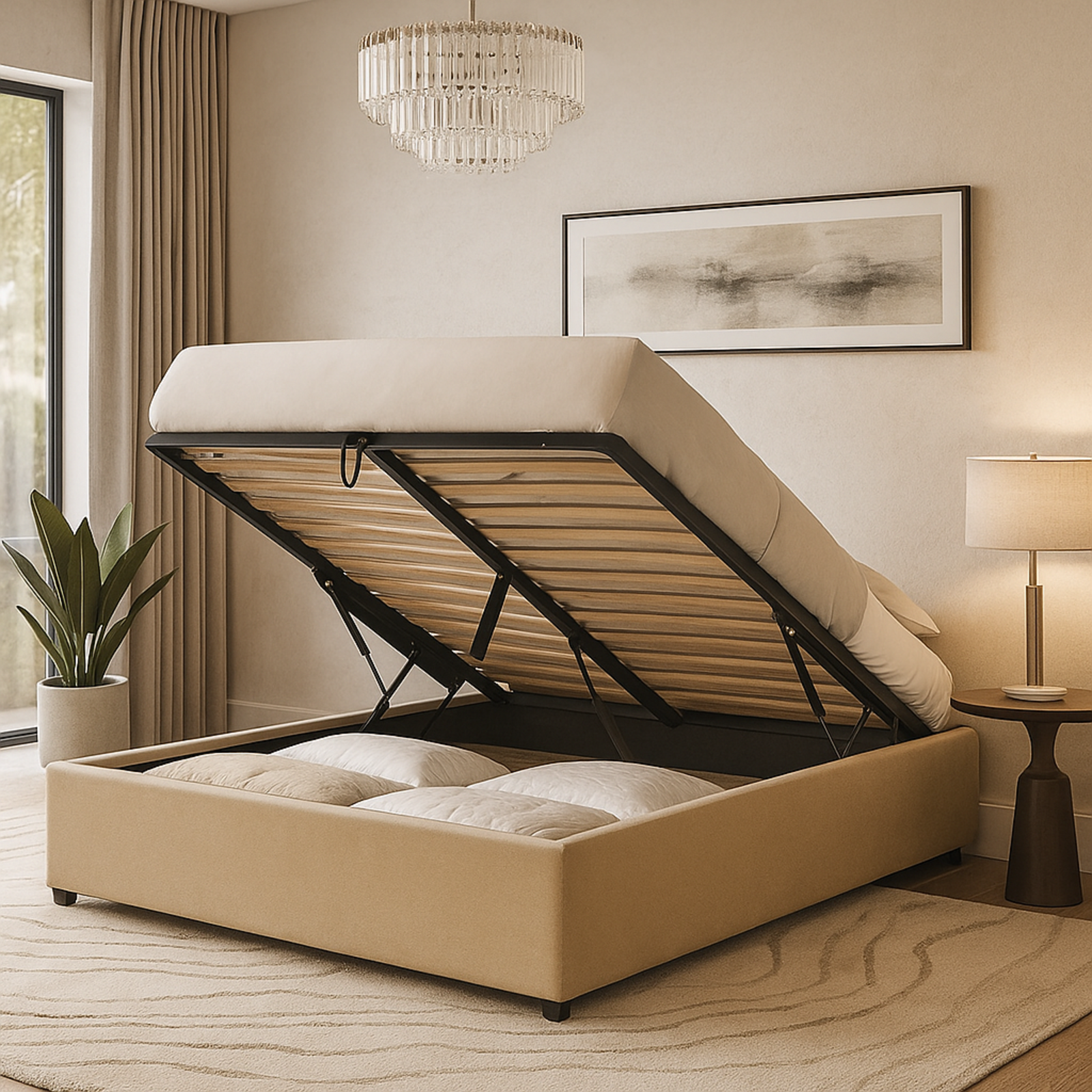 Lit coffre électrique tissu sable, télécommande, sommier flexible