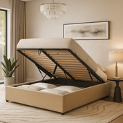 Lit coffre électrique tissu sable, télécommande, sommier flexible