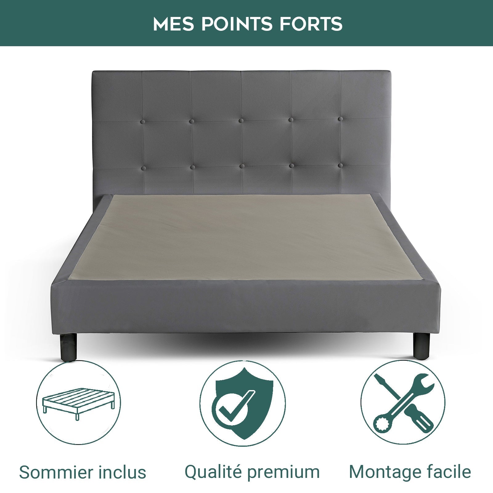 Lit capitonné Triomphe et contemporain : Simili cuir et sommier à lattes en bois