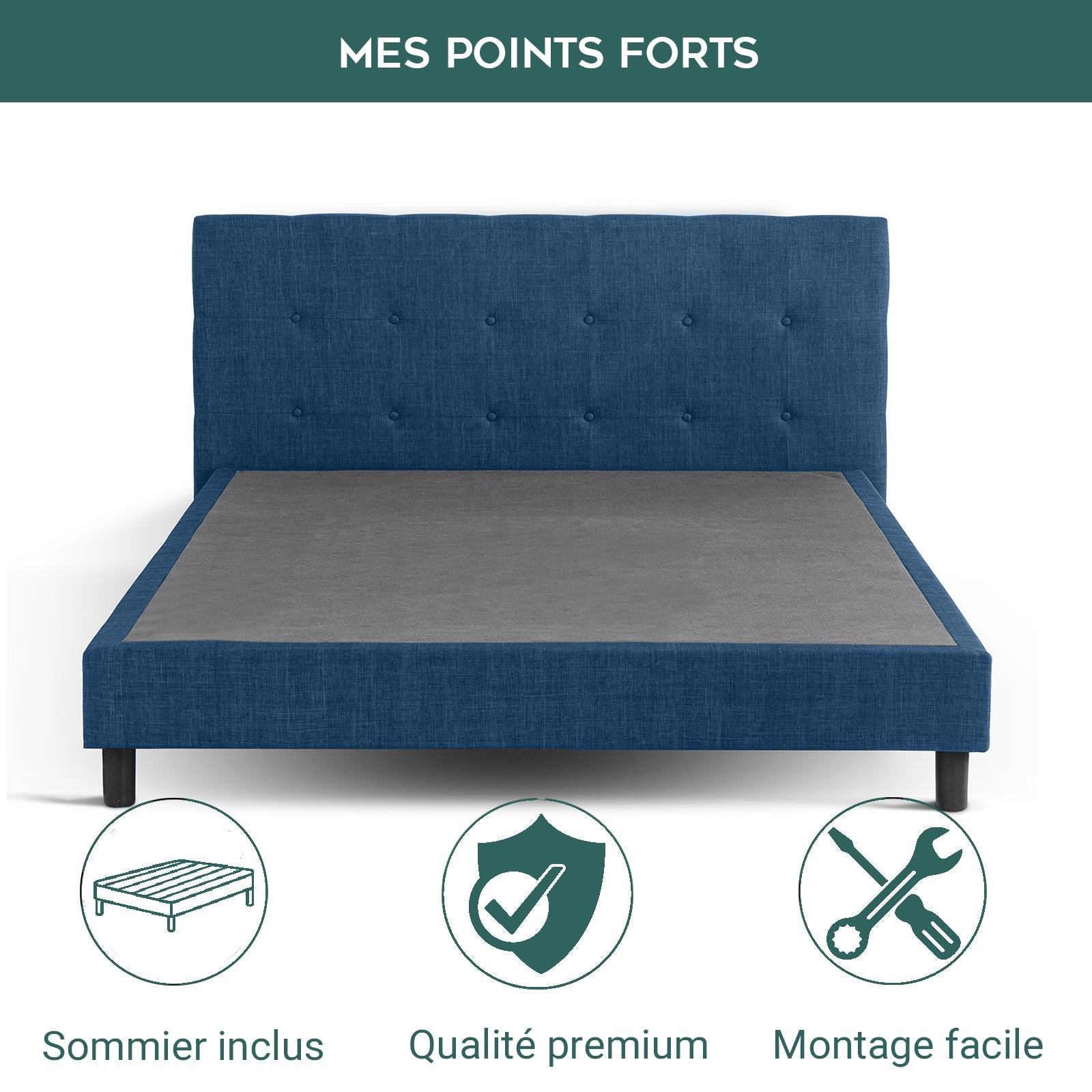 Lit capitonné Majestic moderne : tissu et sommier à lattes en bois