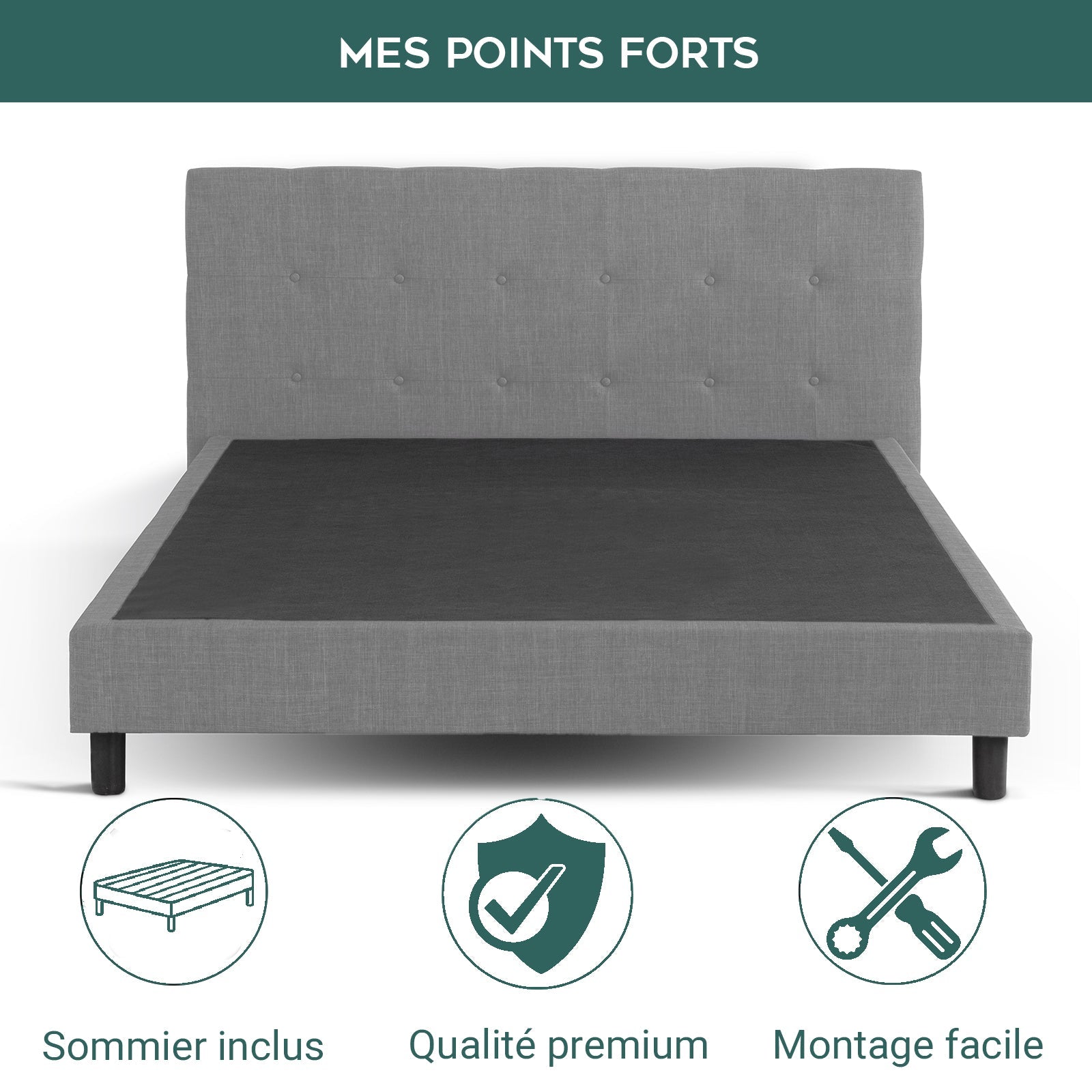 Lit capitonné Majestic moderne : tissu et sommier à lattes en bois