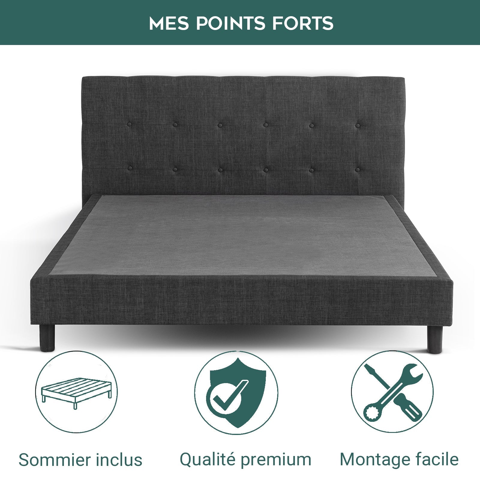 Lit capitonné Majestic moderne : tissu et sommier à lattes en bois