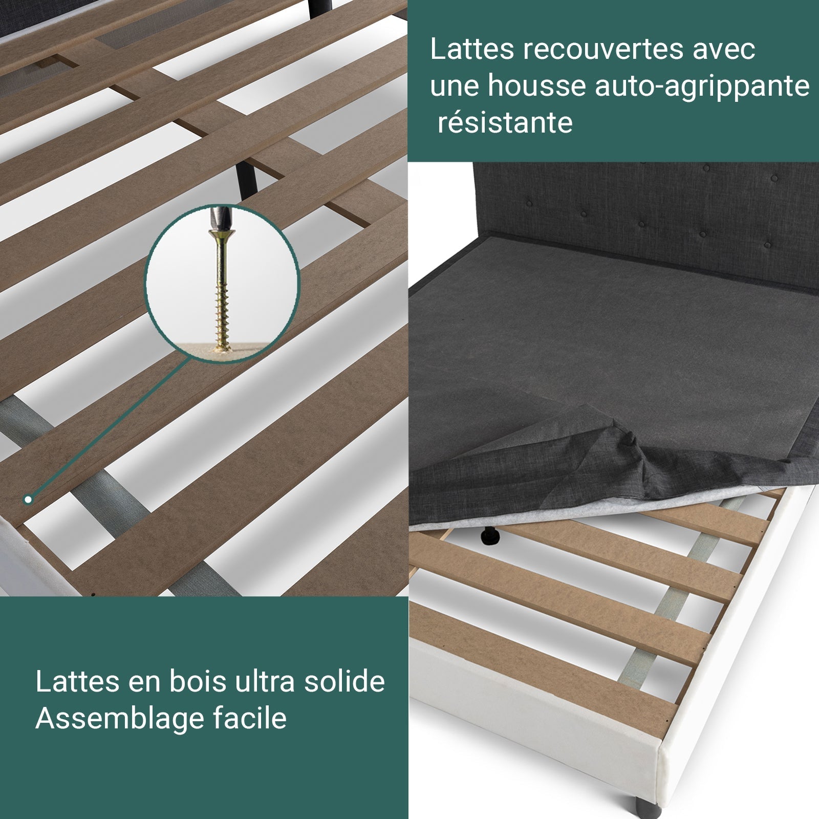 Lit capitonné Majestic moderne : tissu et sommier à lattes en bois