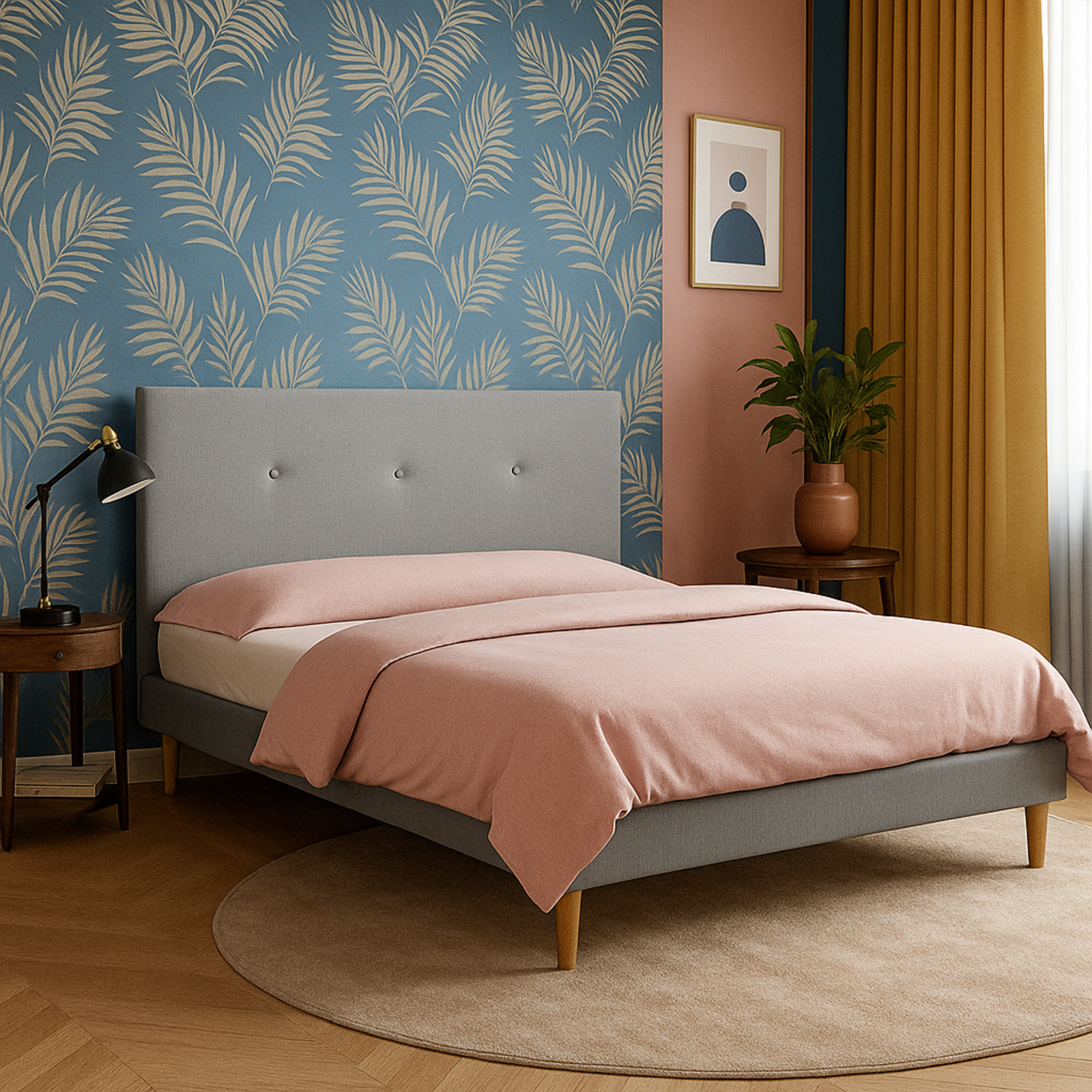 Lit capitonné Majestic moderne : tissu et sommier à lattes en bois