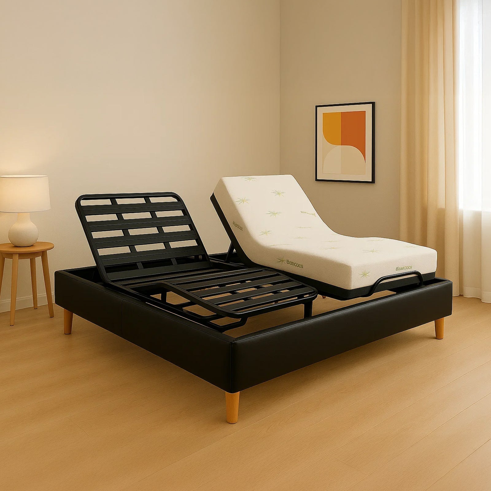 Pack lit électrique orthopédique à lattes en simili cuir noir Orthoflex : matelas inclus