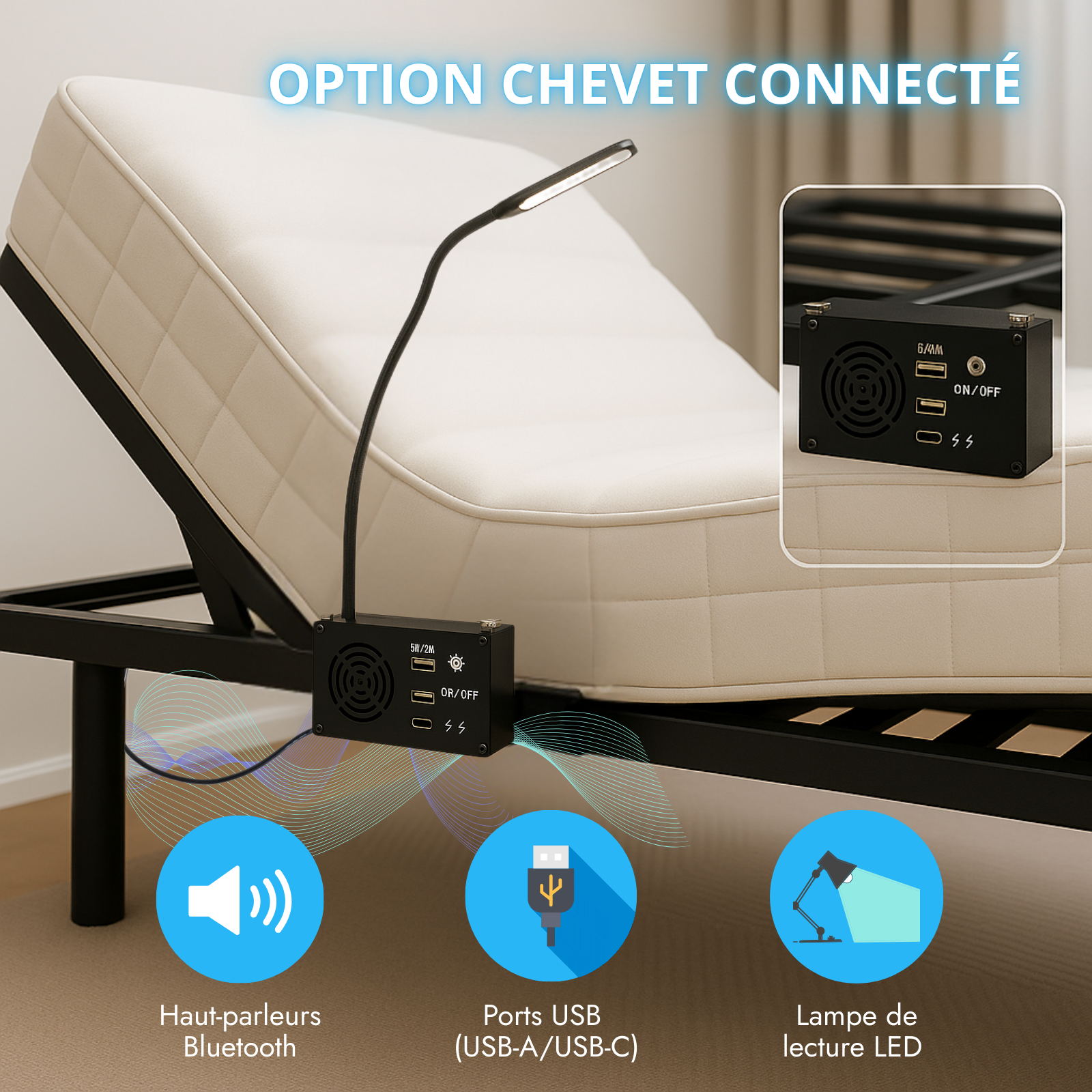 Pack lit électrique orthopédique à lattes en velours côtelé bleu Orthoflex : matelas inclus