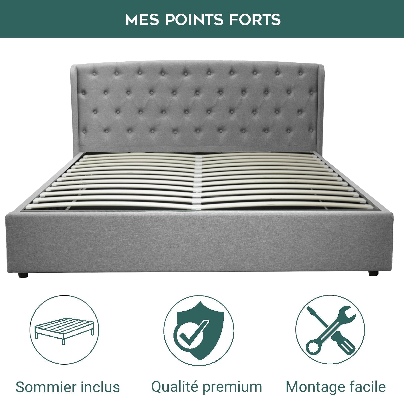 Lit coffre sommier relevable Monceau capitonné chic : tissu et sommier à lattes en bois flexibles