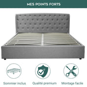 Lit coffre sommier relevable Monceau capitonné chic : tissu et sommier à lattes en bois flexibles