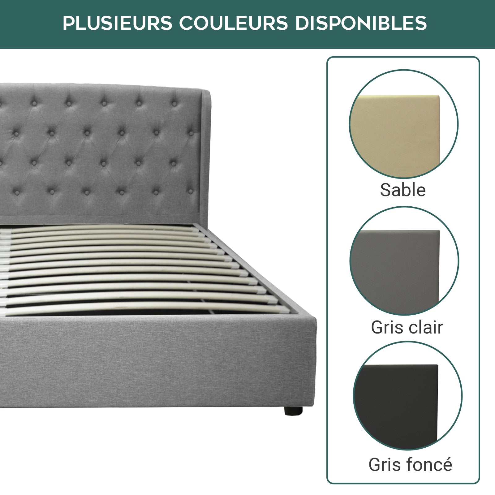 Lit coffre sommier relevable Monceau capitonné chic : tissu et sommier à lattes en bois flexibles