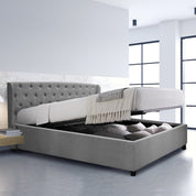 Lit coffre sommier relevable Monceau capitonné chic : tissu et sommier à lattes en bois flexibles