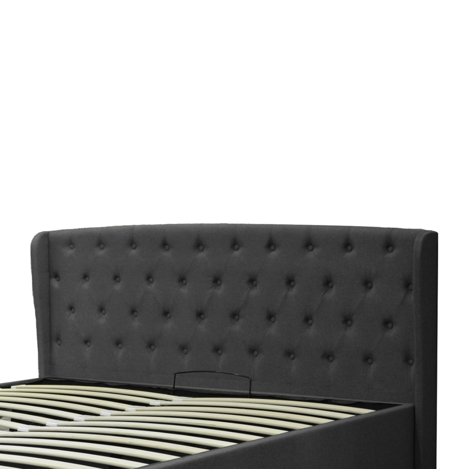 Lit coffre sommier relevable Monceau capitonné chic : tissu et sommier à lattes en bois flexibles