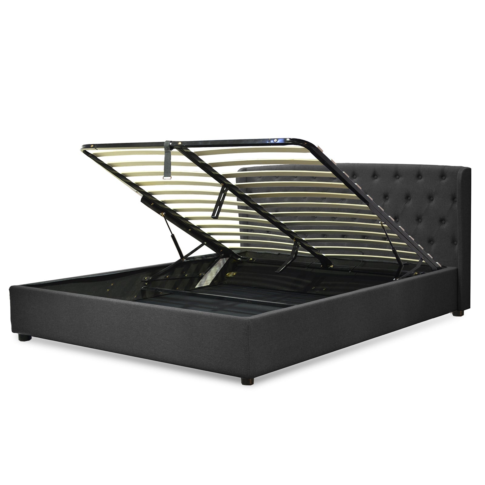 Lit coffre sommier relevable Monceau capitonné chic : tissu et sommier à lattes en bois flexibles