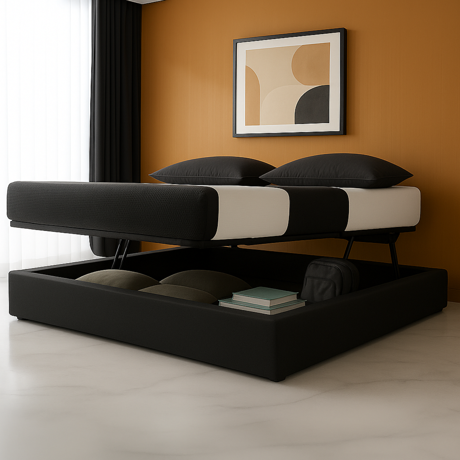 Lit coffre ouverture latérale et frontale tissu gris